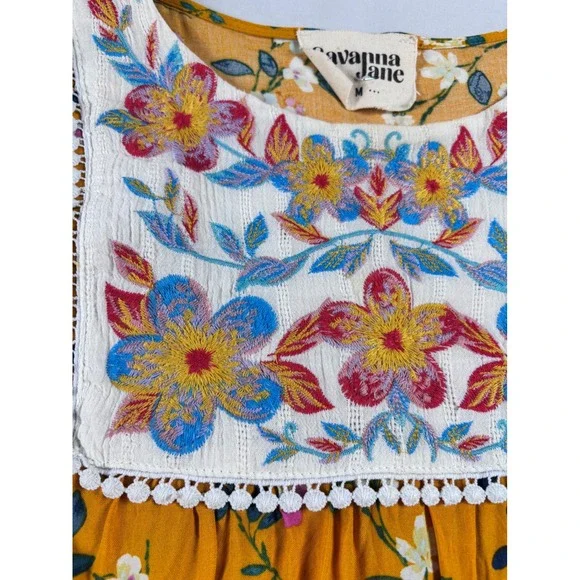 Savanna Jane Cottagecore Yellow Floral Embroidered Boho Pom Pom Trim Blouse M - Picture 5 of 13